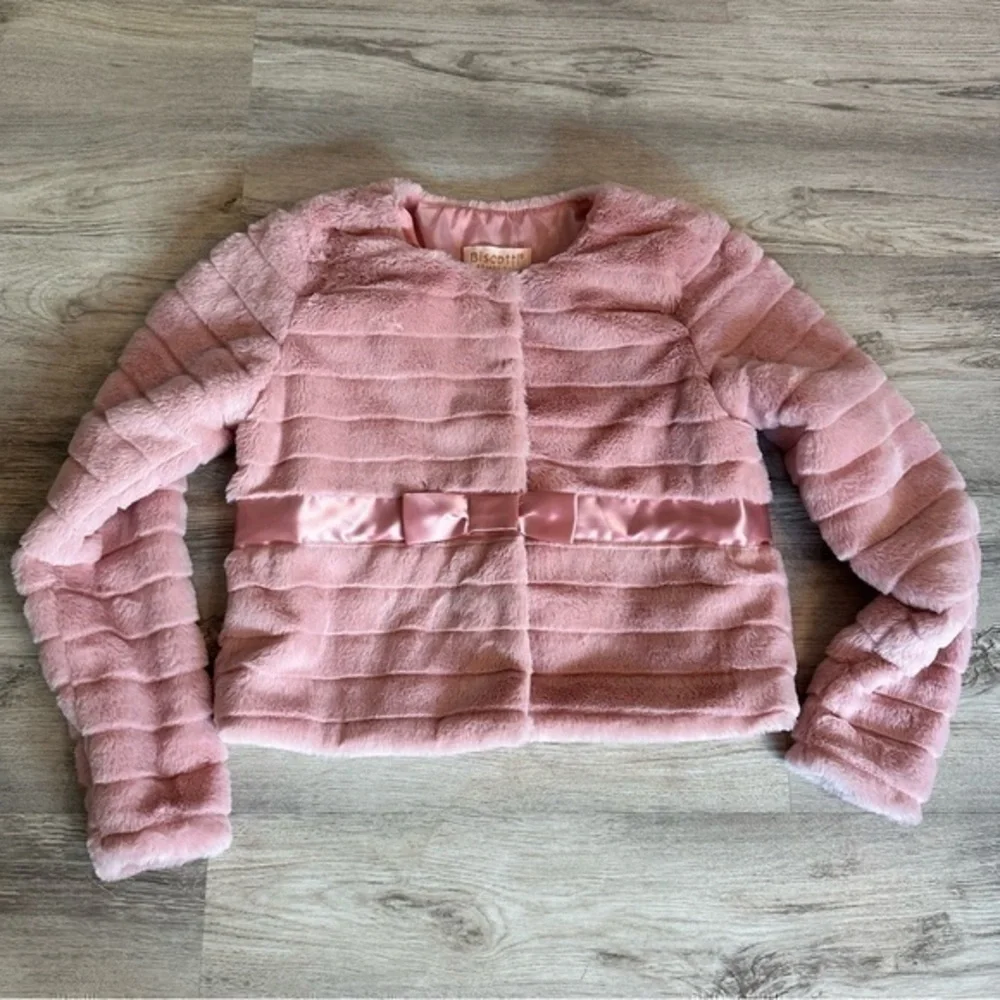 Biscotti Girls Pink Faux Fur Jacket Size 12 Satin Bow Waist Dressy Coat
